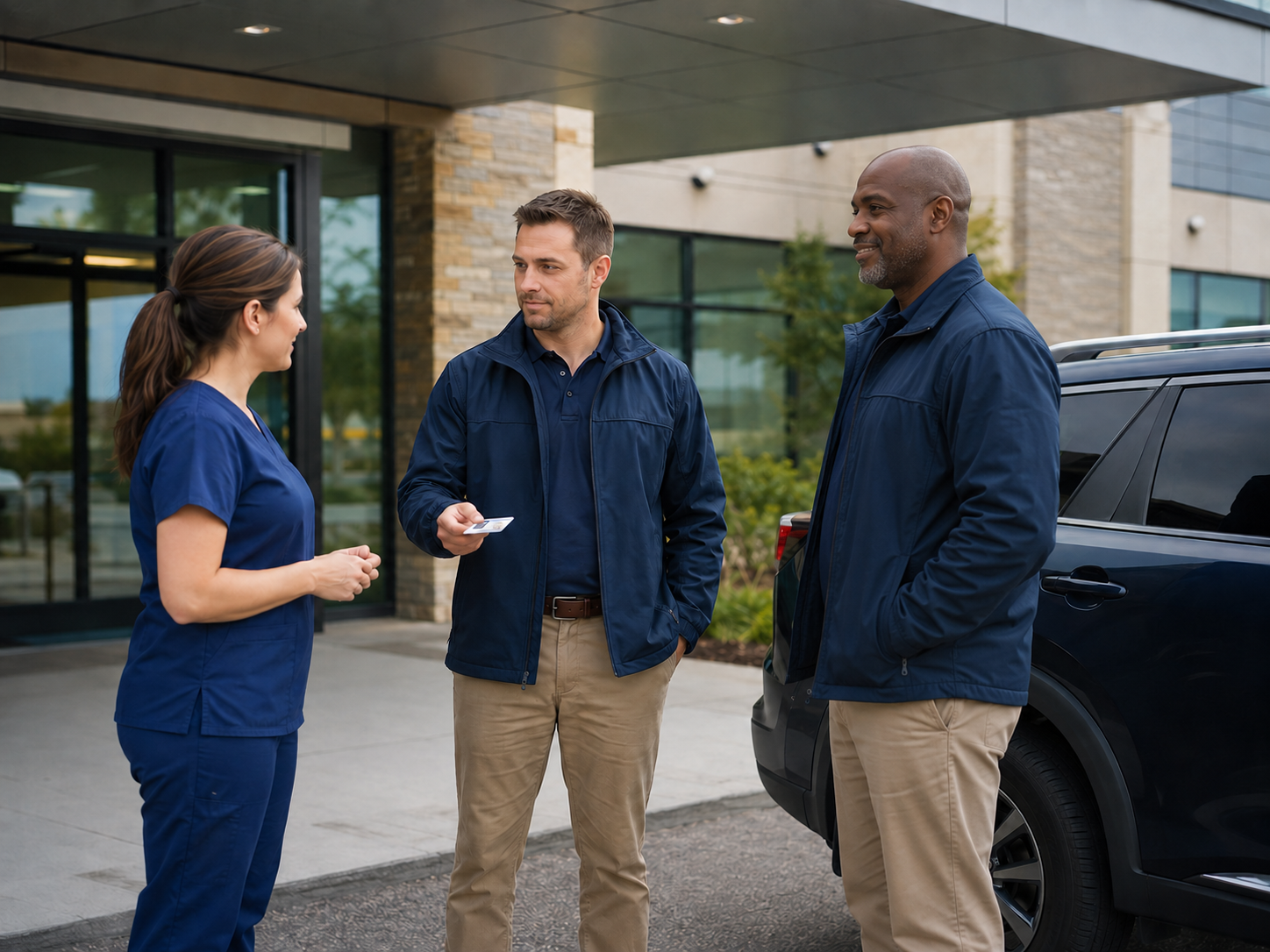 Transport specialists identifying themselves and coordinating with facility staff
