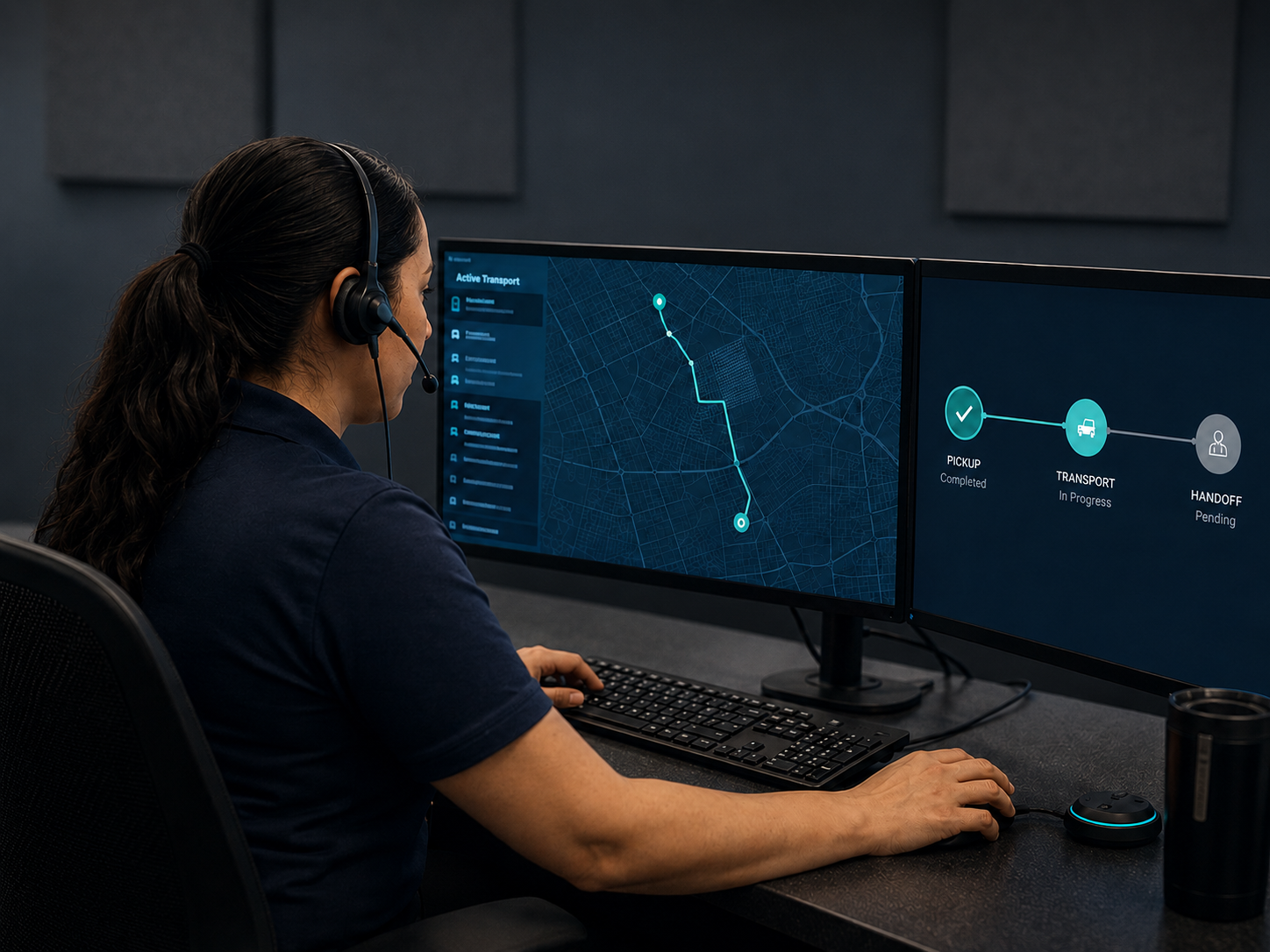 A dispatcher monitoring an active transportation route and trip milestones