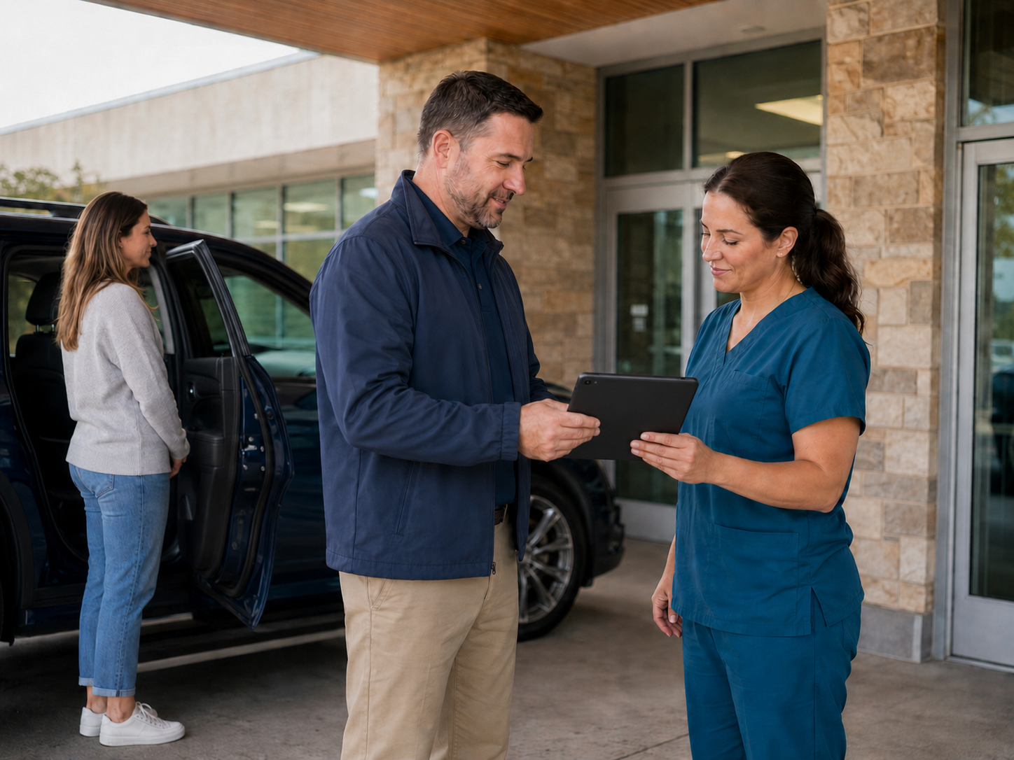 A transport specialist completing a respectful handoff with receiving-facility staff