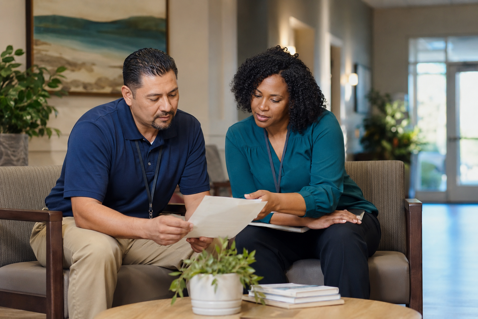 Facility and transportation professionals coordinating a behavioral health care transition