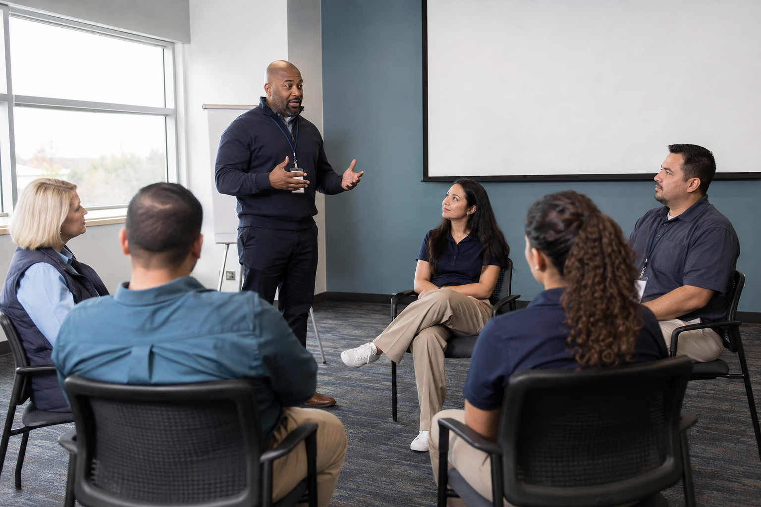 Transportation professionals participating in a calm, instructor-led training session
