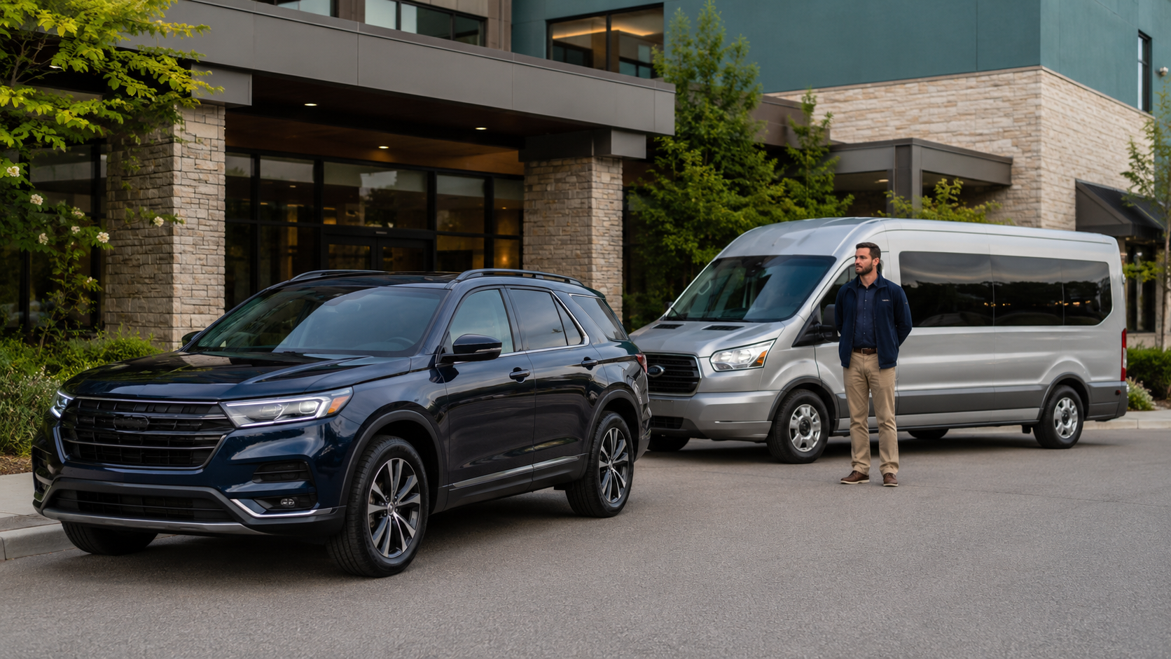 Discreet specialty transportation SUV and passenger van outside a care facility