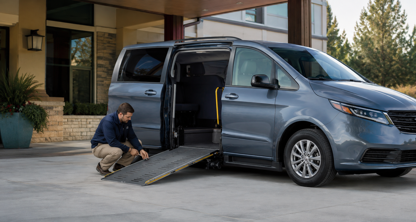 Wheelchair-accessible specialty transportation vehicle with ramp deployed