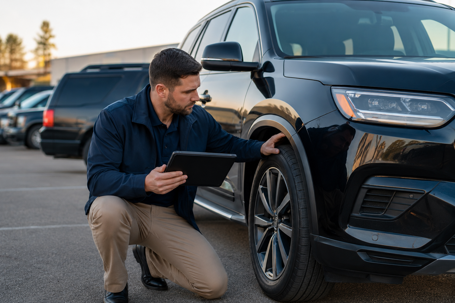 Transport specialist completing a digital pre-trip vehicle inspection
