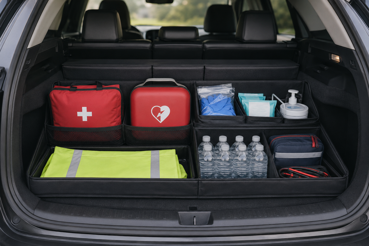 Organized safety and emergency supplies stored in a transport vehicle